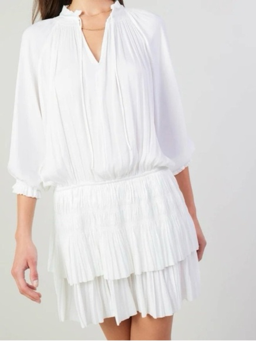 Women's White Pleated Tiered Blouse Dress